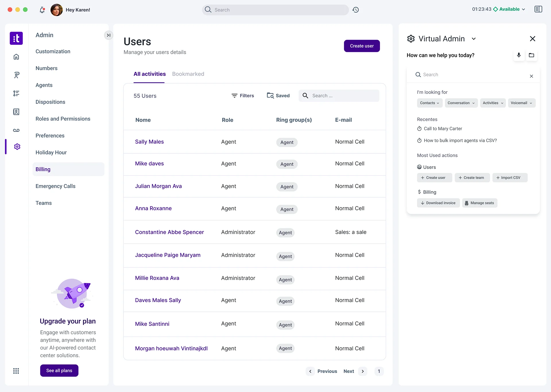 Users administration screen with a Virtual Admin panel showing search, recent tasks and contextual shortcuts