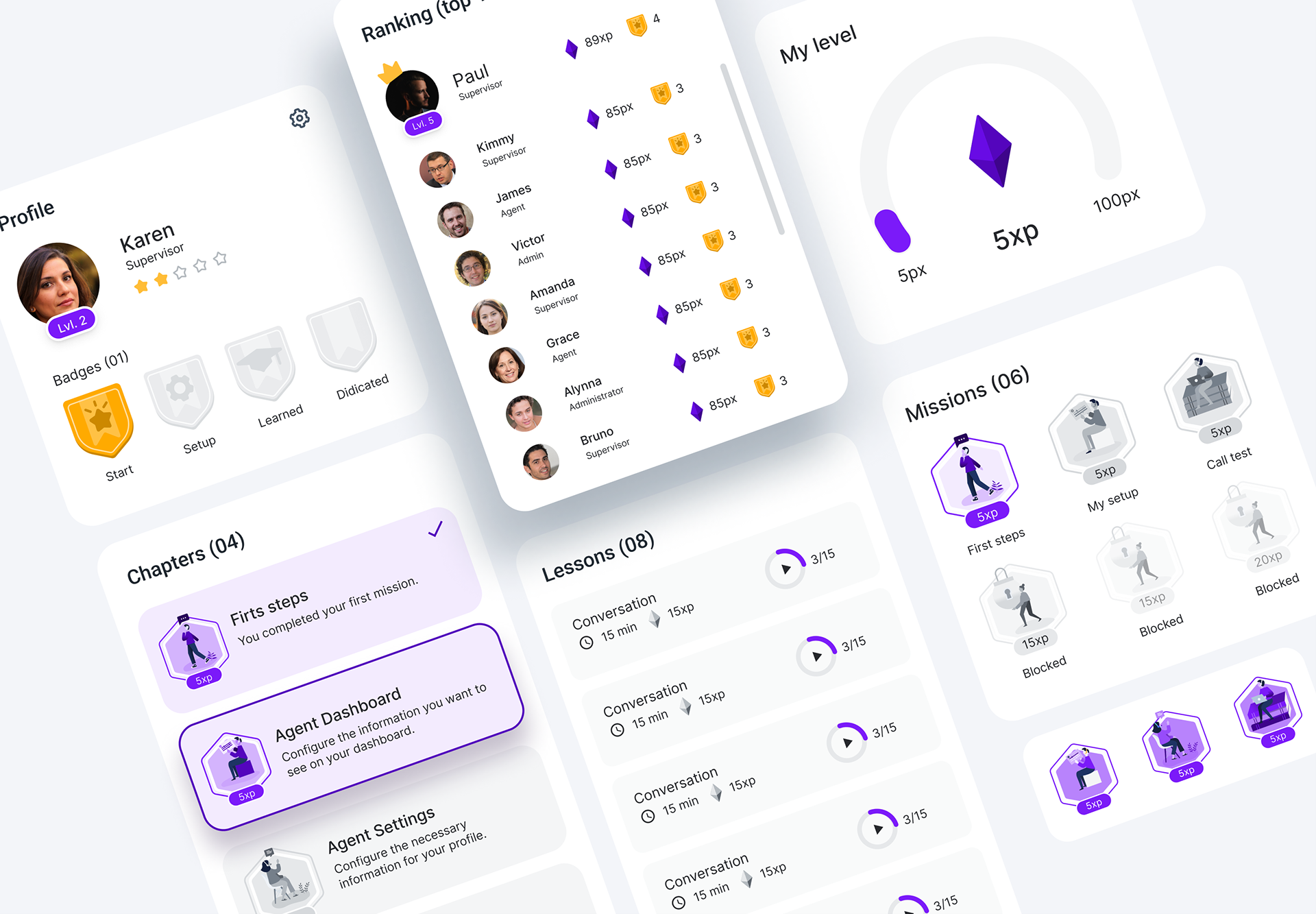 Overview of Mission Center interface components, including profile progress, ranking, missions, lessons and badges
