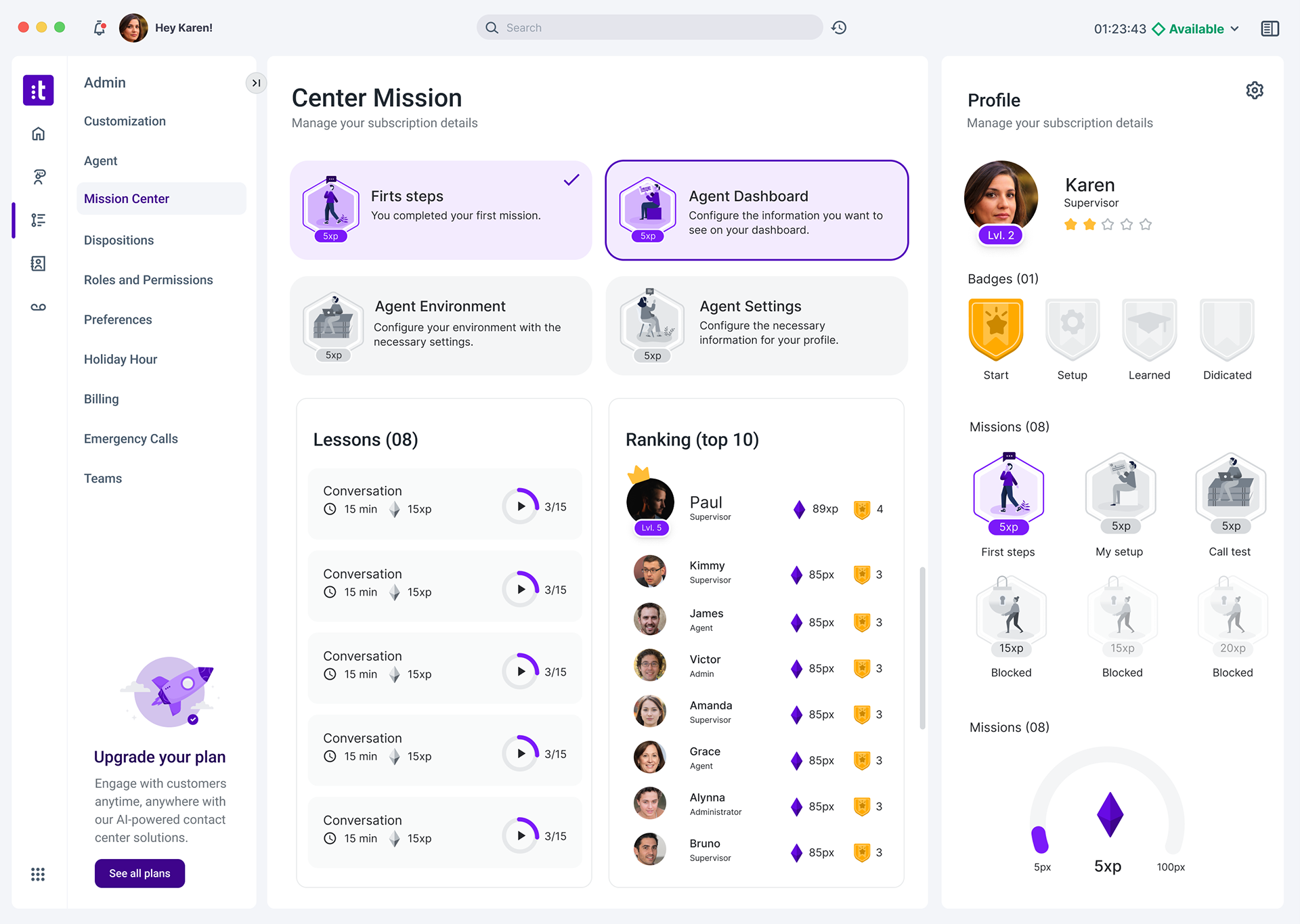 Mission Center dashboard with mission overview, lessons, ranking, profile progression, badges and XP